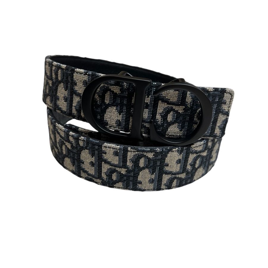 Dior 迪奧 不二價經典HOMME黑色CD LOGO Oblique緹花帆布牛皮雙面腰帶/皮帶-0