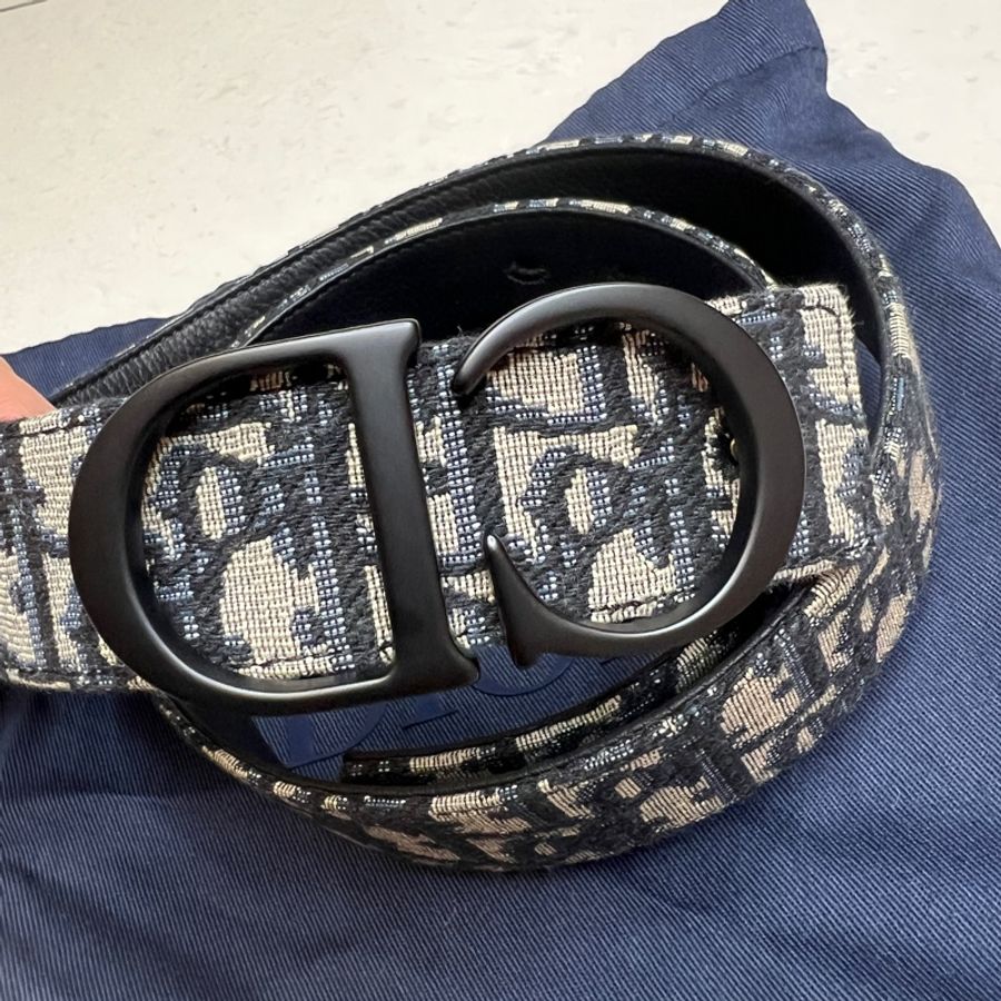 Dior 迪奧 不二價經典HOMME黑色CD LOGO Oblique緹花帆布牛皮雙面腰帶/皮帶-2