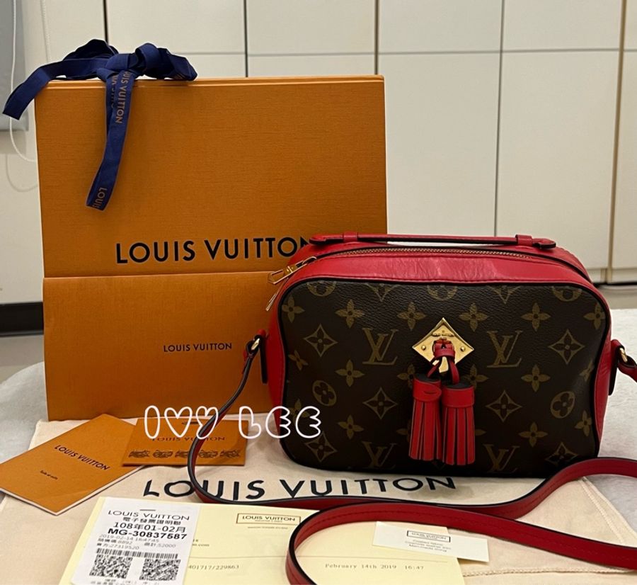 LV M43556經典Saintonge系列帆布印花流蘇鑲飾牛皮飾邊 手提包 斜背包 肩背包 相機包 罌粟紅色 二手精品-0