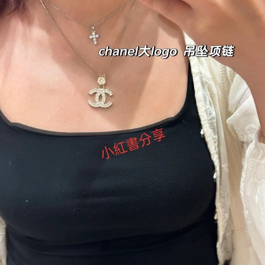 Chanel 24K愛心雙面水鑽雙C Logo項鍊-5
