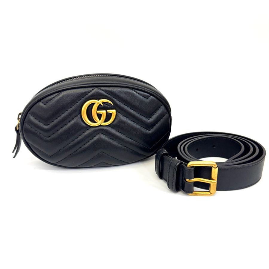Gucci Marmont黑牛皮霧金釦橢圓腰包 可當胸口包-7