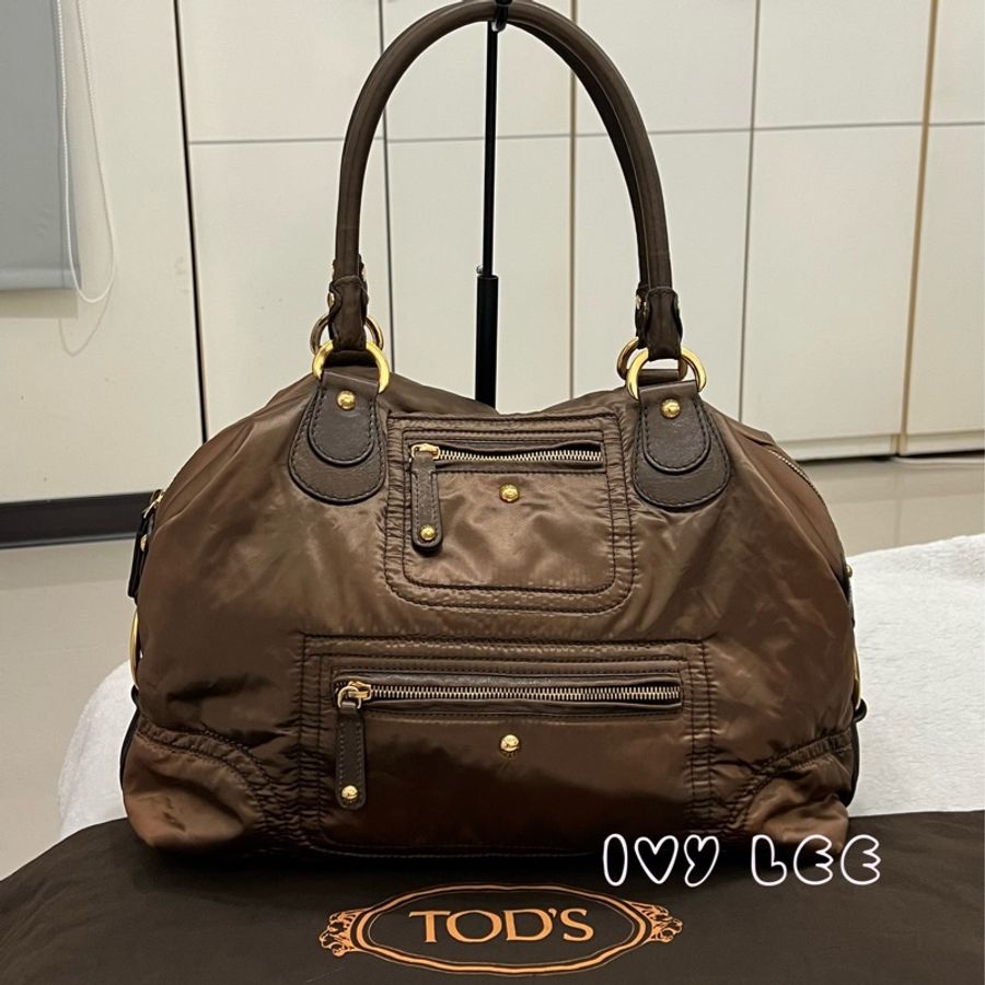Tod's 咖啡尼龍搭配皮革飾邊 手提包 托特包 肩背包 二手精品-0