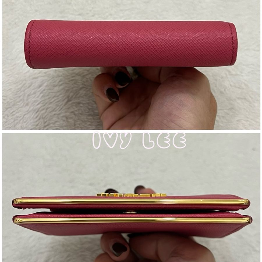 Prada 皮革雙折皮夾 1MV204 粉紅色 唇膏粉 金邊 短夾 近新二手精品-8