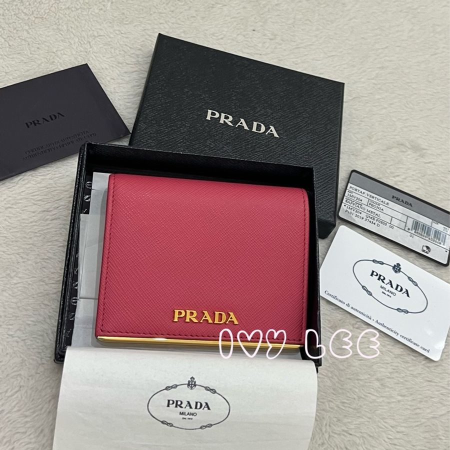 Prada 皮革雙折皮夾 1MV204 粉紅色 唇膏粉 金邊 短夾 近新二手精品-18