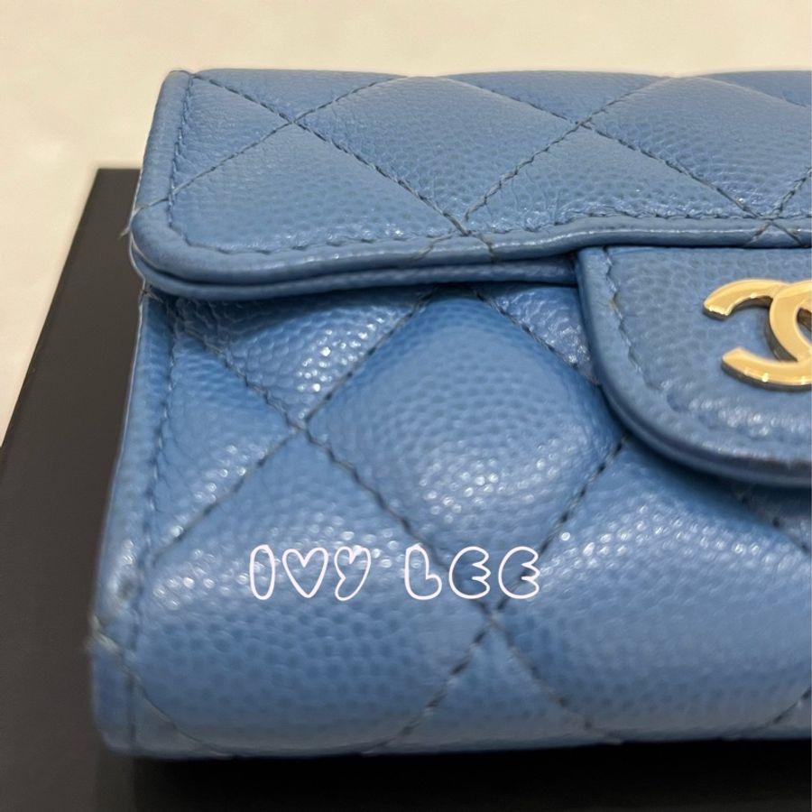 CHANEL 香奈兒 經典金色雙C LOGO菱格紋31開 暗釦卡夾 零錢包 藍色荔枝皮 二手精品-3