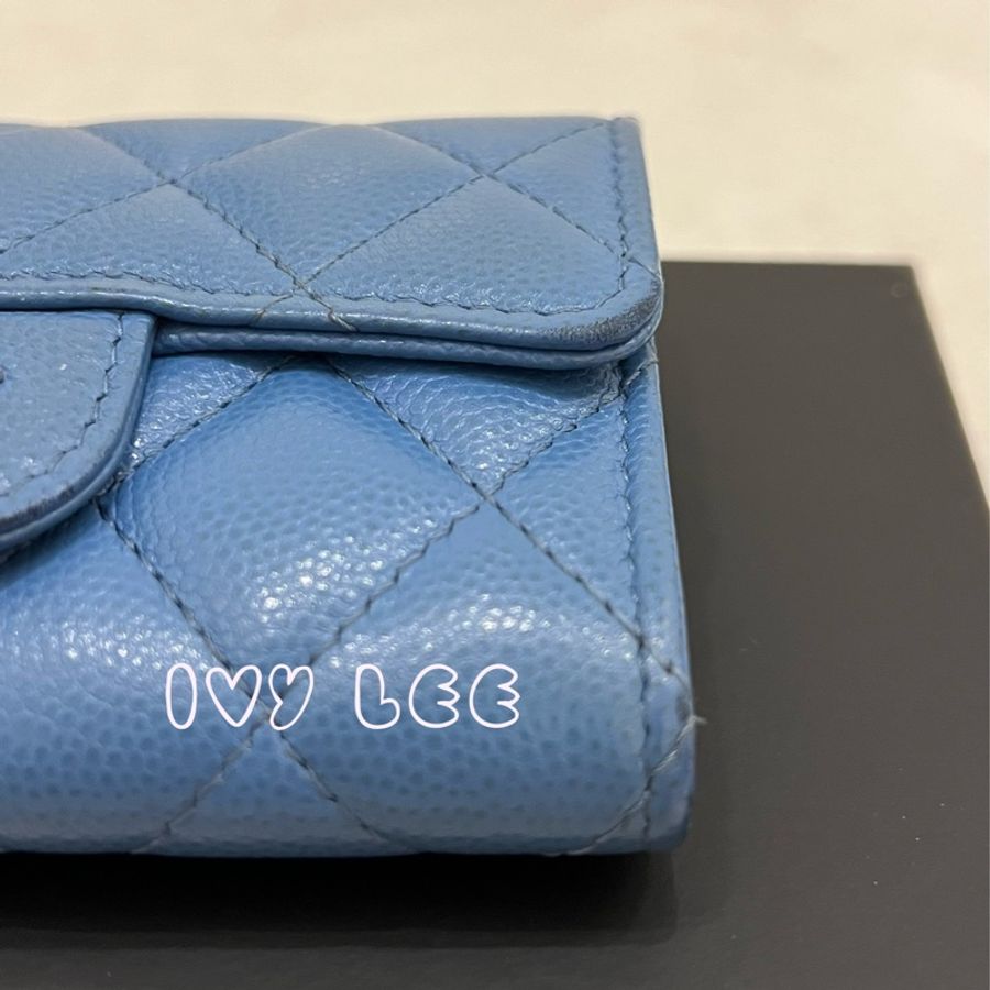 CHANEL 香奈兒 經典金色雙C LOGO菱格紋31開 暗釦卡夾 零錢包 藍色荔枝皮 二手精品-4