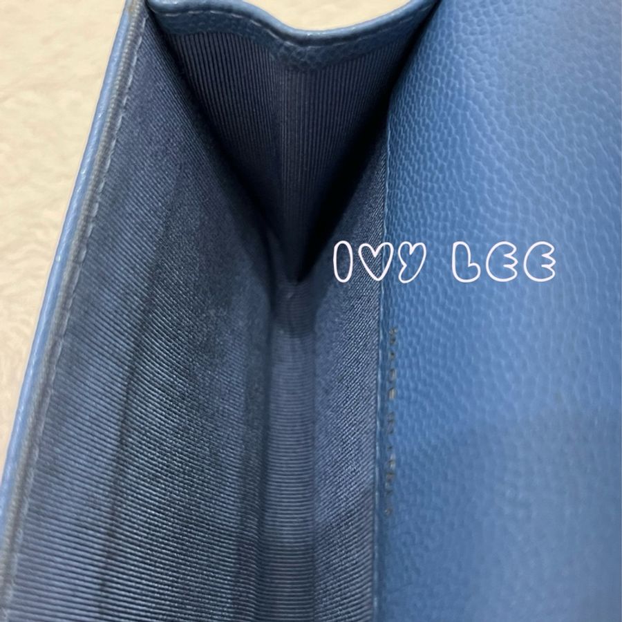 CHANEL 香奈兒 經典金色雙C LOGO菱格紋31開 暗釦卡夾 零錢包 藍色荔枝皮 二手精品-9