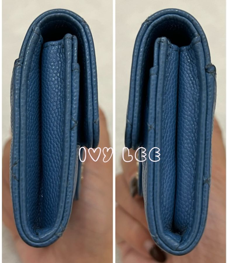 CHANEL 香奈兒 經典金色雙C LOGO菱格紋31開 暗釦卡夾 零錢包 藍色荔枝皮 二手精品-11