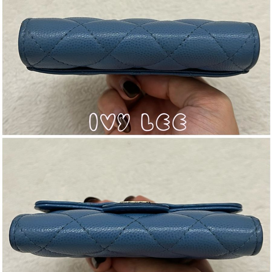 CHANEL 香奈兒 經典金色雙C LOGO菱格紋31開 暗釦卡夾 零錢包 藍色荔枝皮 二手精品-12