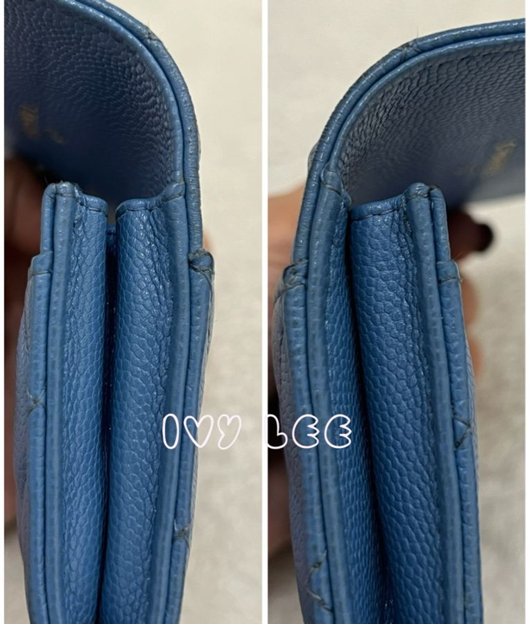 CHANEL 香奈兒 經典金色雙C LOGO菱格紋31開 暗釦卡夾 零錢包 藍色荔枝皮 二手精品-17