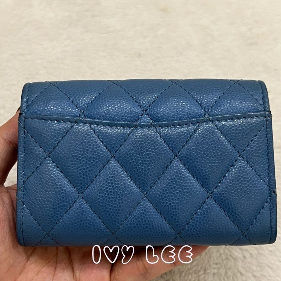 CHANEL 香奈兒 經典金色雙C LOGO菱格紋31開 暗釦卡夾 零錢包 藍色荔枝皮 二手精品-19