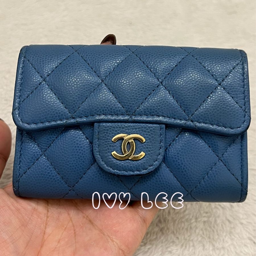 CHANEL 香奈兒 經典金色雙C LOGO菱格紋31開 暗釦卡夾 零錢包 藍色荔枝皮 二手精品-20