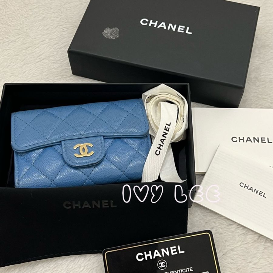 CHANEL 香奈兒 經典金色雙C LOGO菱格紋31開 暗釦卡夾 零錢包 藍色荔枝皮 二手精品-21