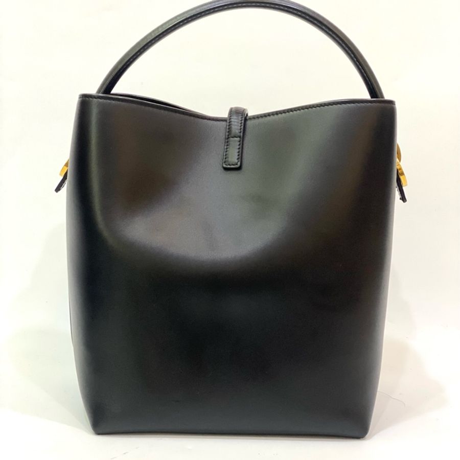 YSL 亮面黑牛皮金釦LE37手提側背水桶包-2