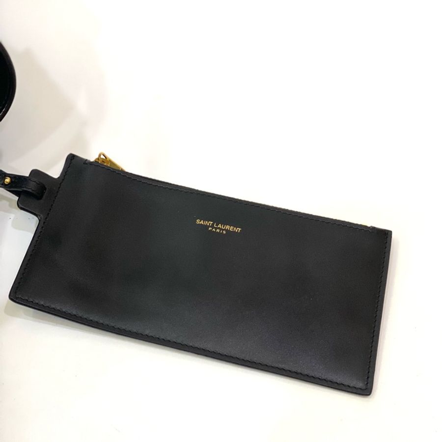 YSL 亮面黑牛皮金釦LE37手提側背水桶包-3