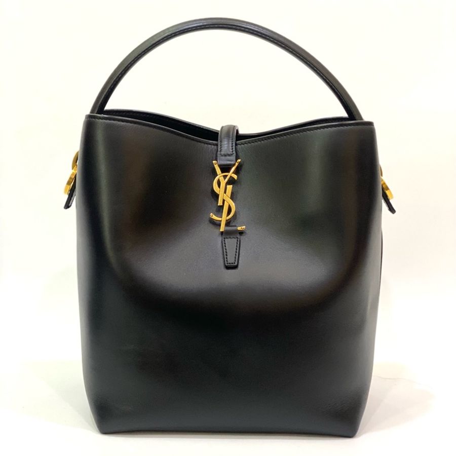 YSL 亮面黑牛皮金釦LE37手提側背水桶包-5