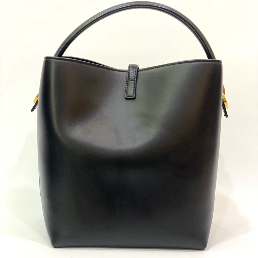 YSL 亮面黑牛皮金釦LE37手提側背水桶包-6