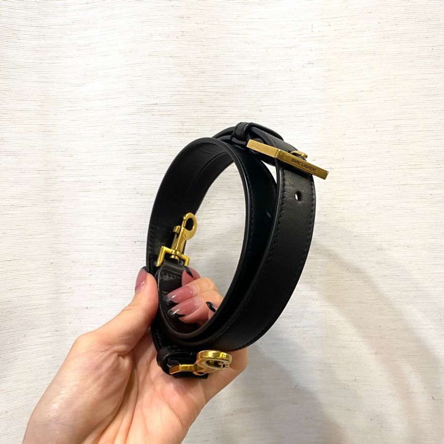 YSL 亮面黑牛皮金釦LE37手提側背水桶包-11
