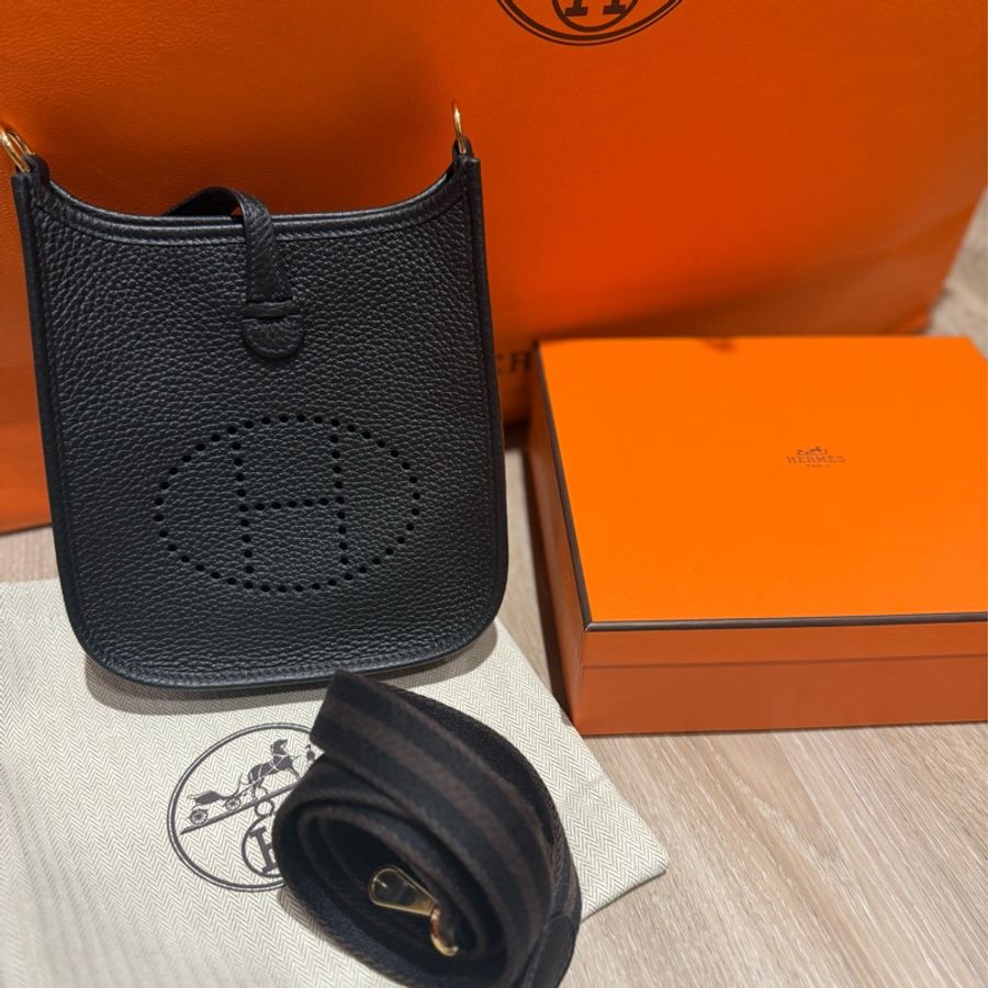 Hermes mini Evelyn 16 黑金編織背袋 全新全配-3