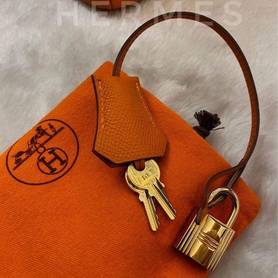 ► 全新閒置品 ✨Hermès ✨愛馬仕橘色牛皮金釦柏金包🧡✨手提包-11