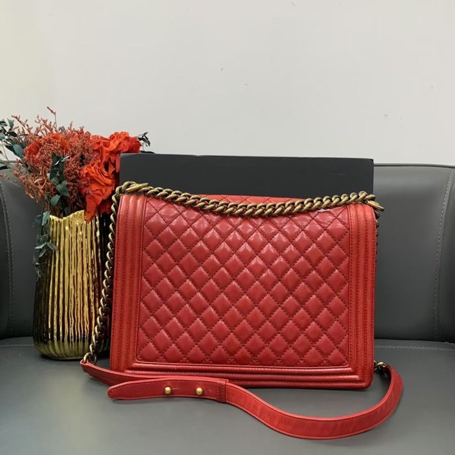 Chanel香奈兒Boy30大號紅色牛皮鏈條包 鐳射17開-1