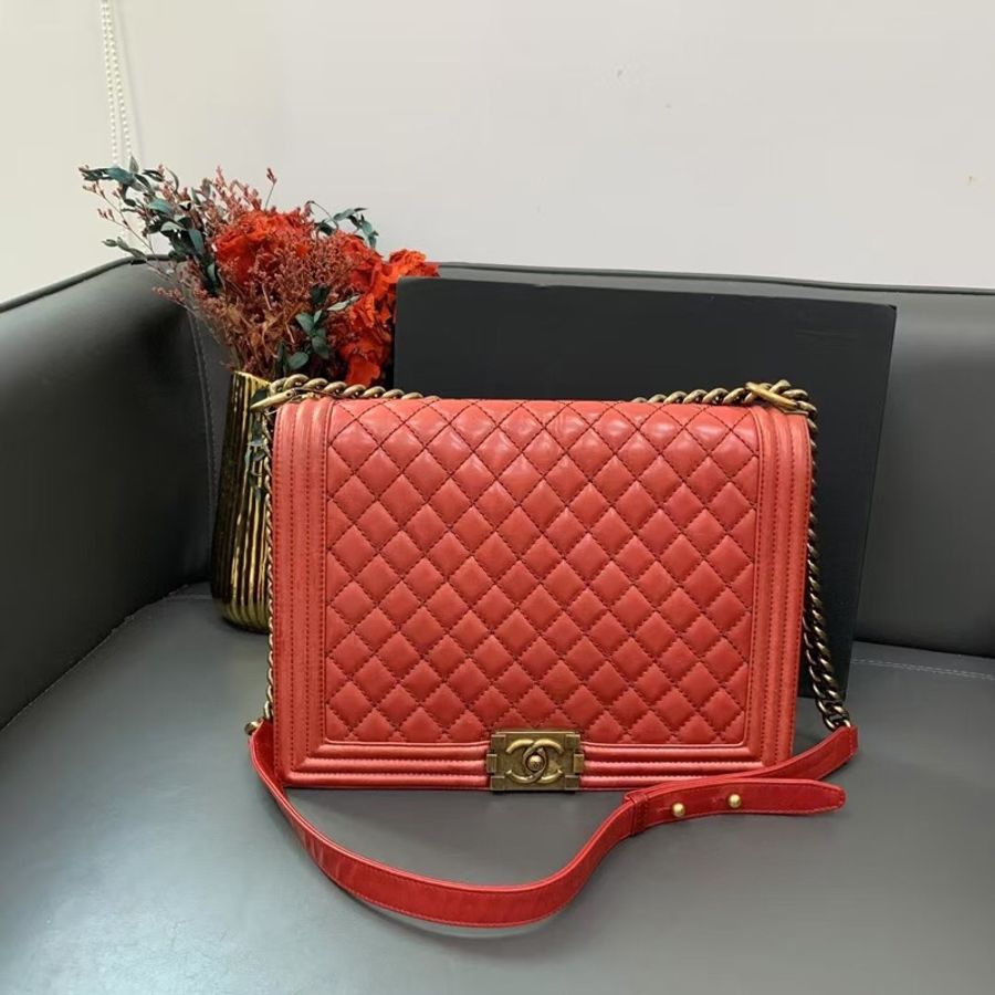 Chanel香奈兒Boy30大號紅色牛皮鏈條包 鐳射17開-2