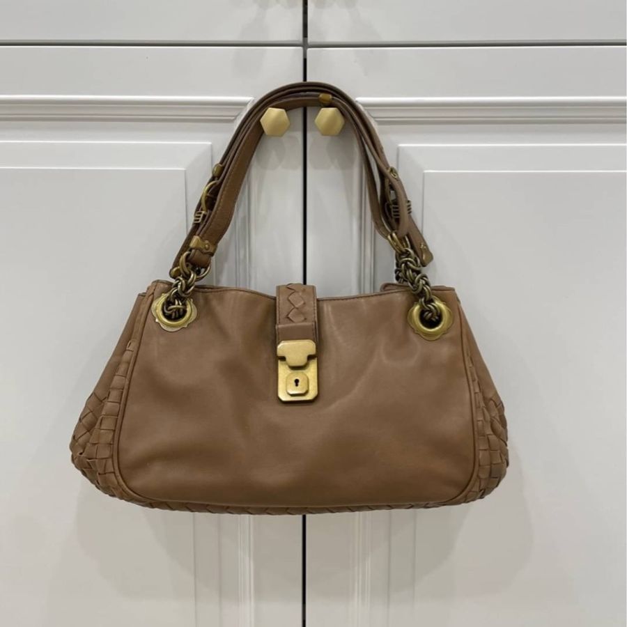 BOTTEGA VENETA BV 深卡其 編織 羊皮 Napoli 手提包 肩背包 側背包-0