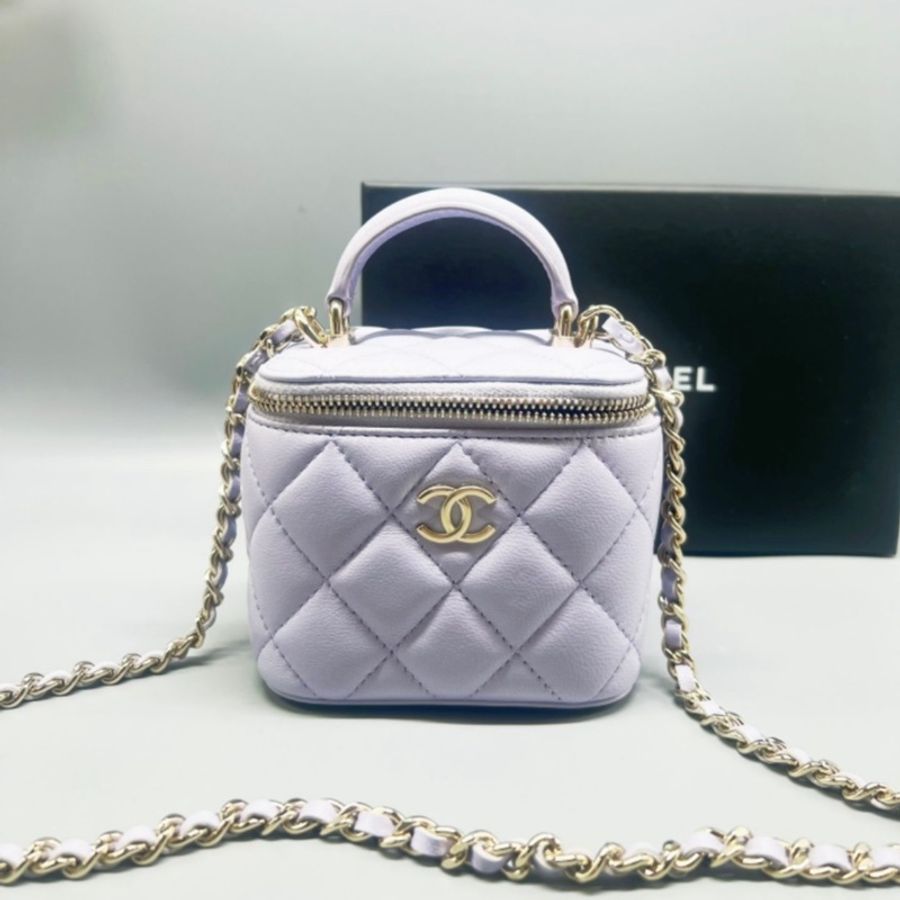 Chanel Mini Top Handle Vanity With Chain Lilac Lambskin Gold Hardware 薰衣草手柄小盒子金扣-0