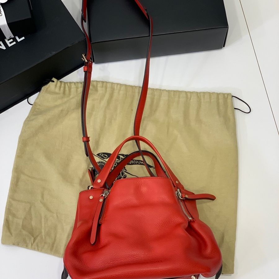 BURBERRY 紅 經典格紋 拼接束口 手提包 肩背包 公事包 斜背包 側背包-1