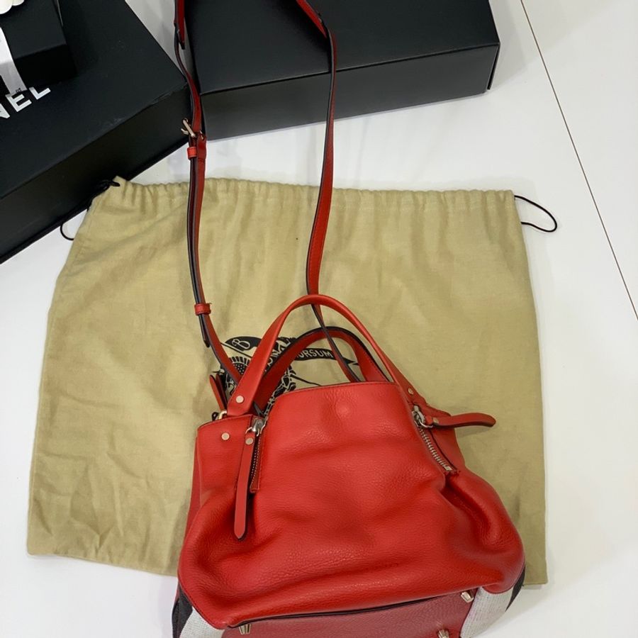 BURBERRY 紅 經典格紋 拼接束口 手提包 肩背包 公事包 斜背包 側背包-2