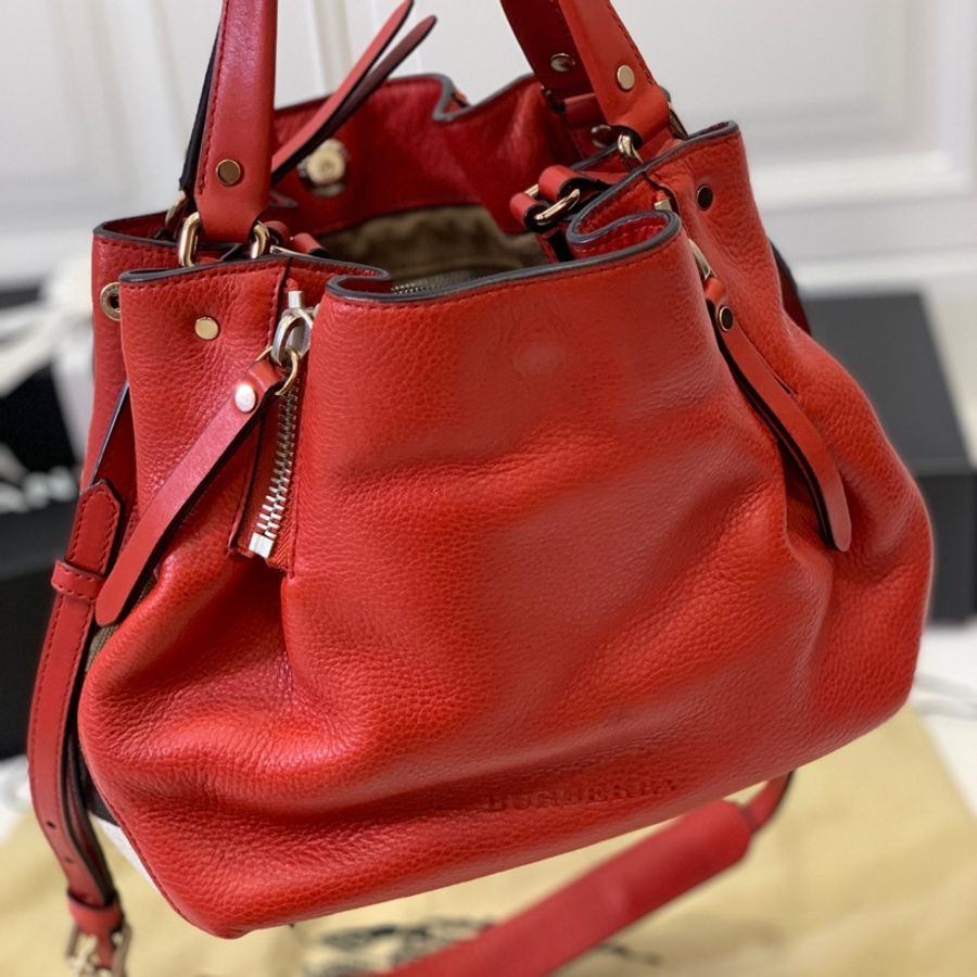 BURBERRY 紅 經典格紋 拼接束口 手提包 肩背包 公事包 斜背包 側背包-3