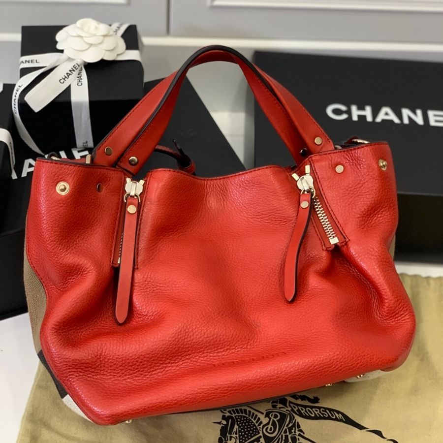 BURBERRY 紅 經典格紋 拼接束口 手提包 肩背包 公事包 斜背包 側背包-4