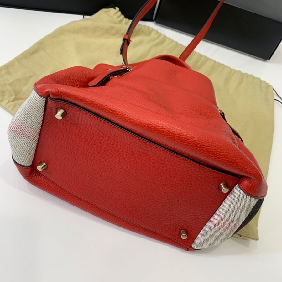 BURBERRY 紅 經典格紋 拼接束口 手提包 肩背包 公事包 斜背包 側背包-7