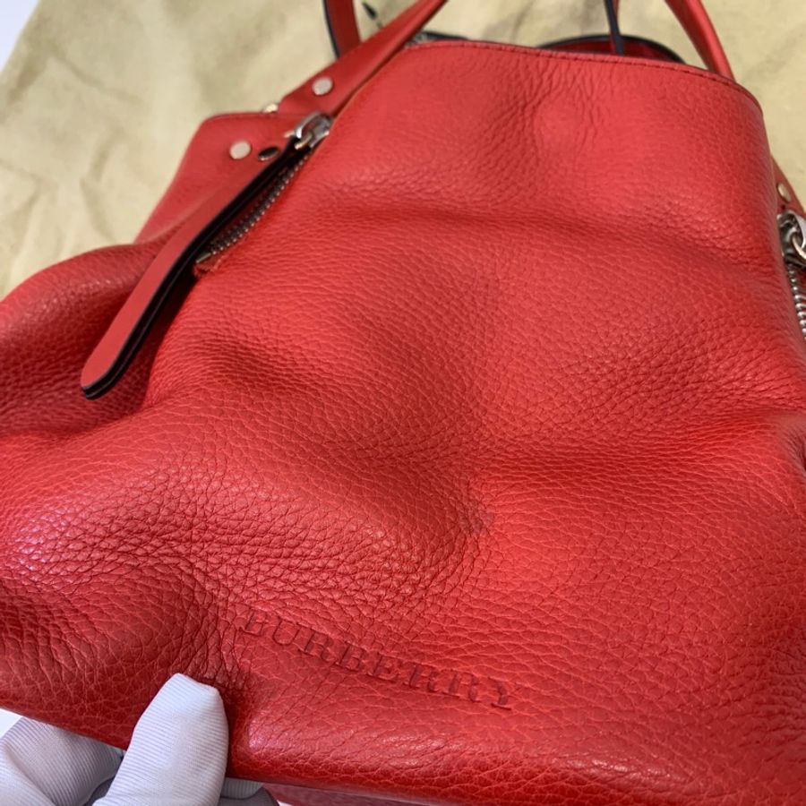 BURBERRY 紅 經典格紋 拼接束口 手提包 肩背包 公事包 斜背包 側背包-8