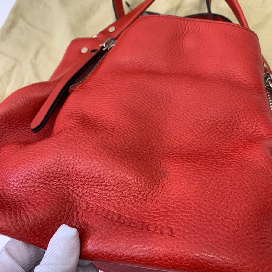 BURBERRY 紅 經典格紋 拼接束口 手提包 肩背包 公事包 斜背包 側背包-9