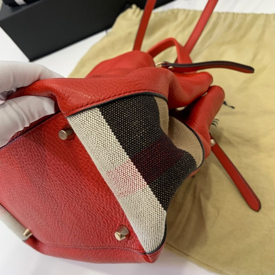 BURBERRY 紅 經典格紋 拼接束口 手提包 肩背包 公事包 斜背包 側背包-10