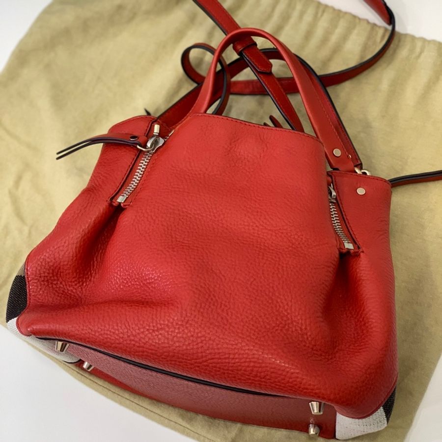 BURBERRY 紅 經典格紋 拼接束口 手提包 肩背包 公事包 斜背包 側背包-14
