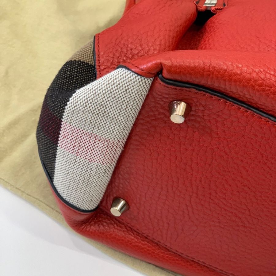 BURBERRY 紅 經典格紋 拼接束口 手提包 肩背包 公事包 斜背包 側背包-15