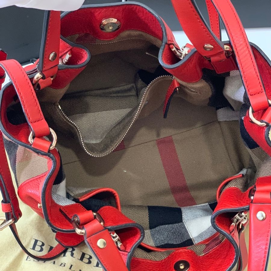 BURBERRY 紅 經典格紋 拼接束口 手提包 肩背包 公事包 斜背包 側背包-20