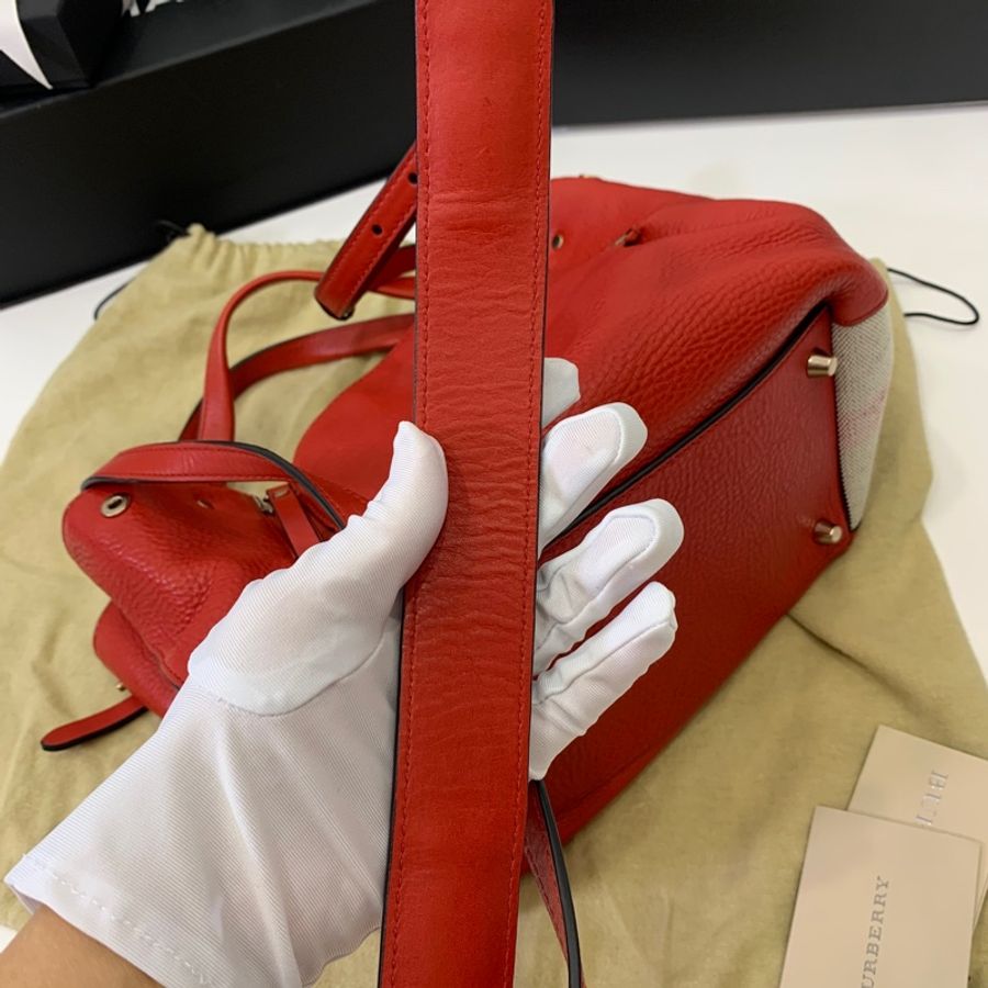 BURBERRY 紅 經典格紋 拼接束口 手提包 肩背包 公事包 斜背包 側背包-24