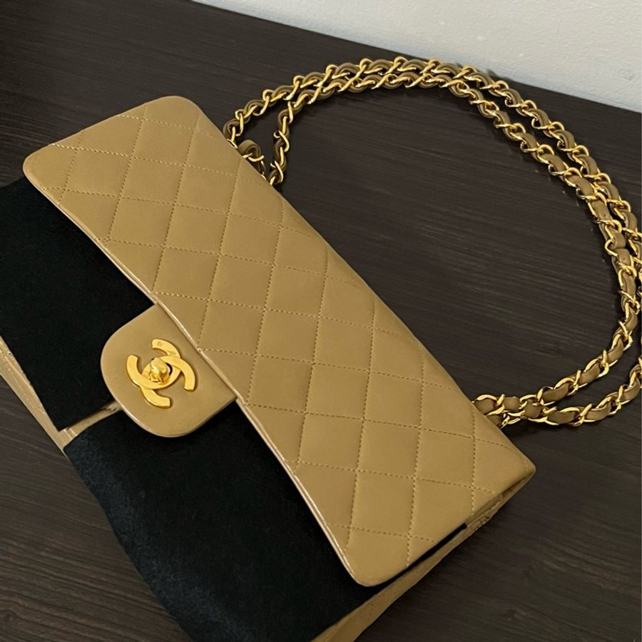 Chanel 經典老香 CF2.55奶茶色金釦 鏈包-10