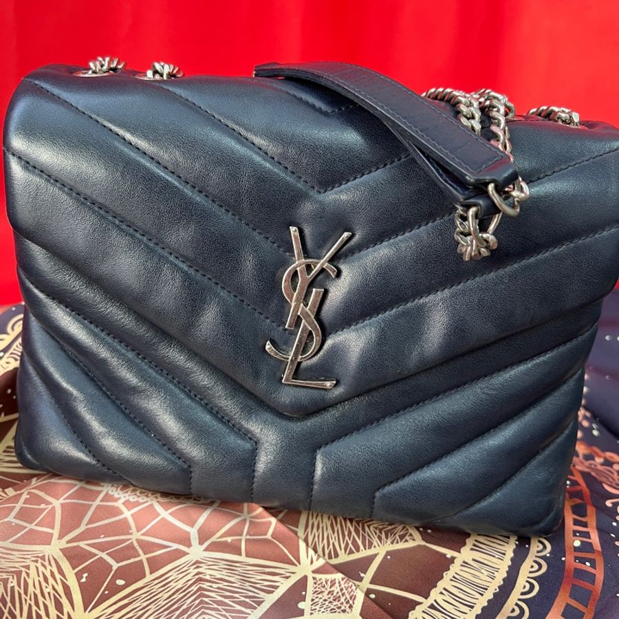 yves saint laurent聖羅蘭 YSL 二手真品藍紫色 LOULOU全皮鍊包 銀LOGO 小號肩背包 顏色比較稀有-8