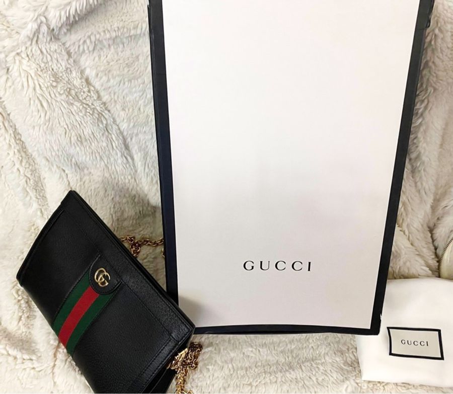 正品 GUCCI 古馳經典Ophidia系列GG LOGO織帶皮革磁釦手 拿/斜背包-1