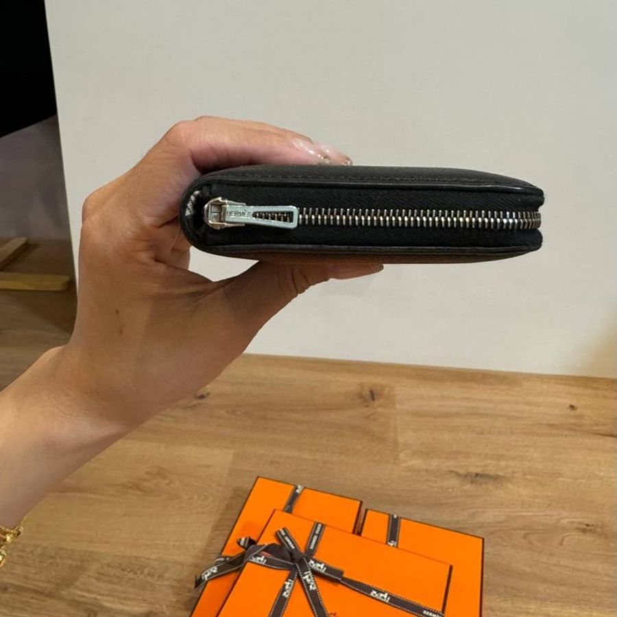 hermes 黑 絲巾短夾 短夾 皮夾 皮包 卡夾 卡包 錢包 零錢包 信用卡卡夾-1
