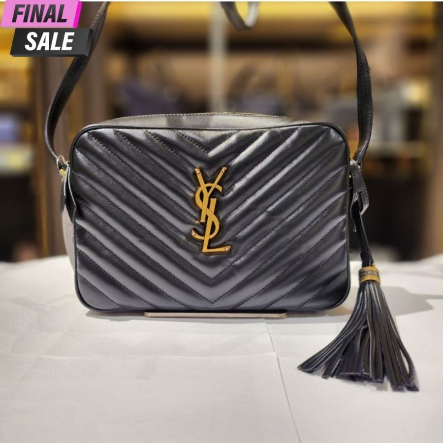 Saint Laurent 715232 YSL Lou 衍縫小牛皮相機流蘇包 黑色/金字Logo【促銷品】-0