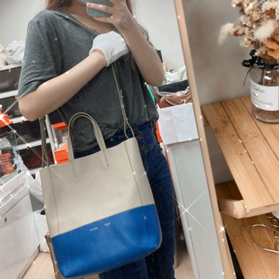 Celine tote 米藍色拼色 直立托特肩背包-15