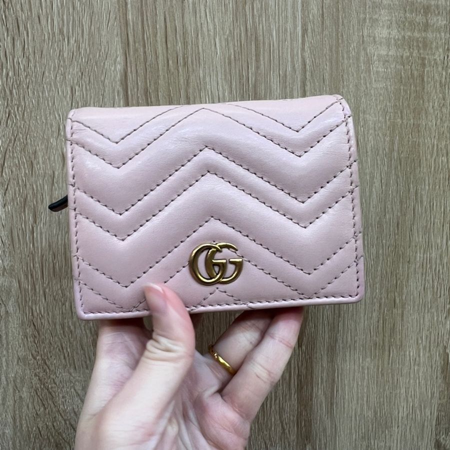 Gucci 粉牛皮霧金釦Mini短夾-0