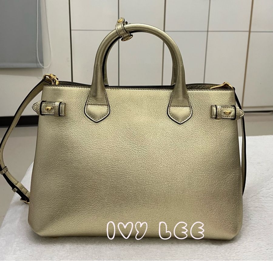 BURBERRY 金屬色粒面小牛皮 House Check 托特包 金色 斜背包 肩背包 二手精品-1