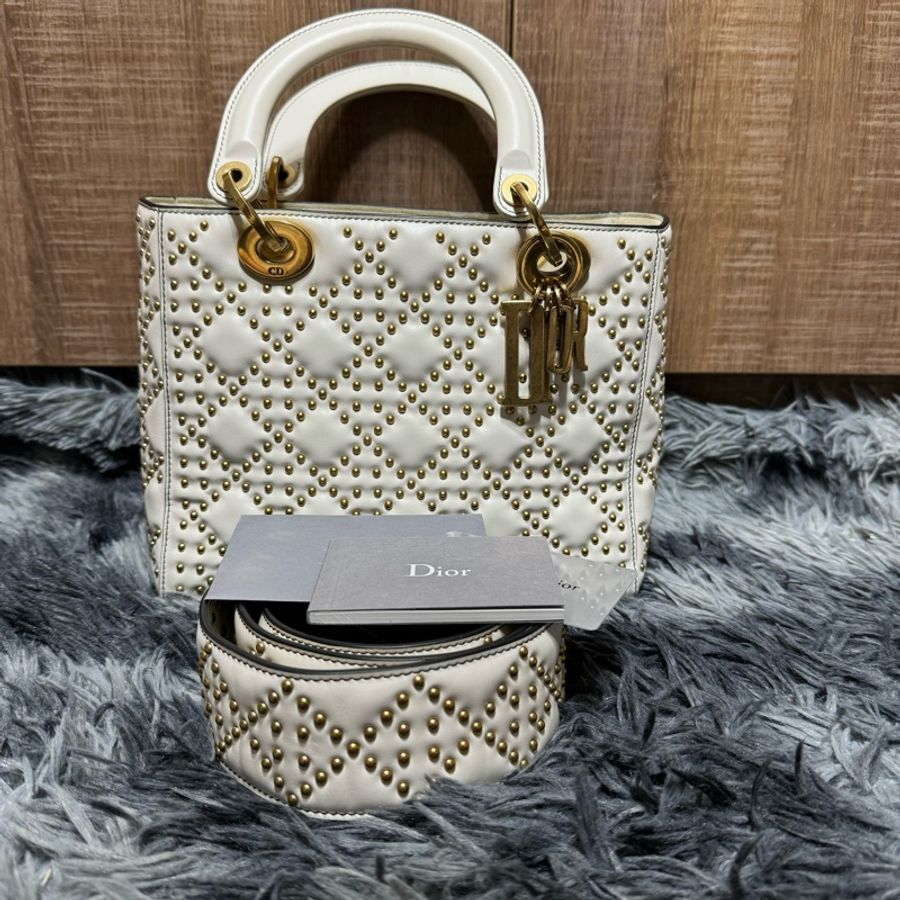 Dior 五格白金黛妃包 鉚釘寬肩帶-5