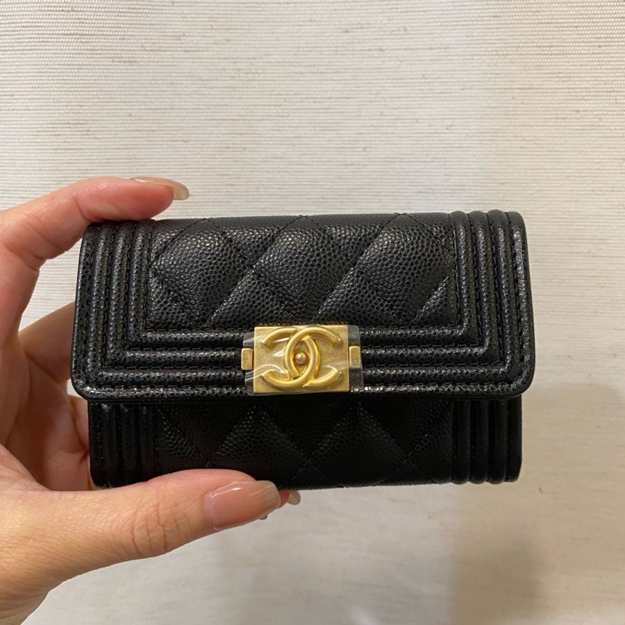 Chanel 黑荔枝牛皮Boy金釦零錢卡包-5
